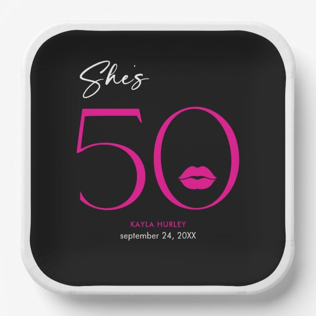 Modern Minimal Pink Lips She's Fifty Birthday Paper Plate (Front)