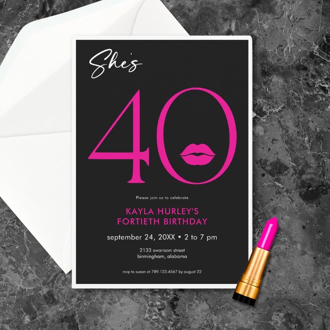 Modern Minimal Pink Lips She's Forty Birthday Invitation (Creator Uploaded)