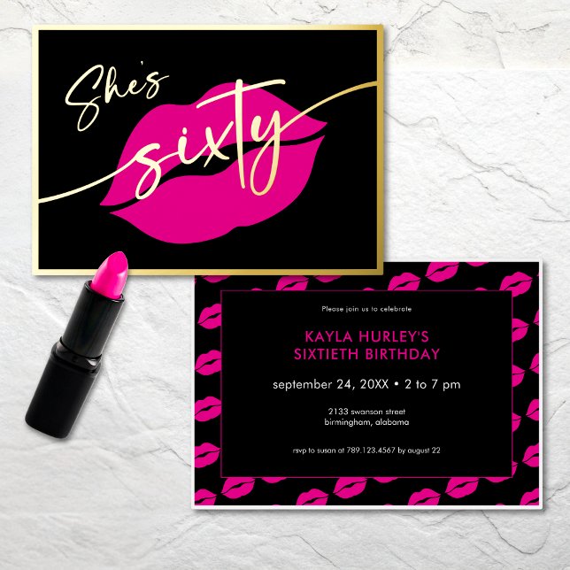 Modern Minimal Pink Lips She's Sixty Birthday (Modern Minimal Pink Lips She's Sixty Birthday Foil Invitation)