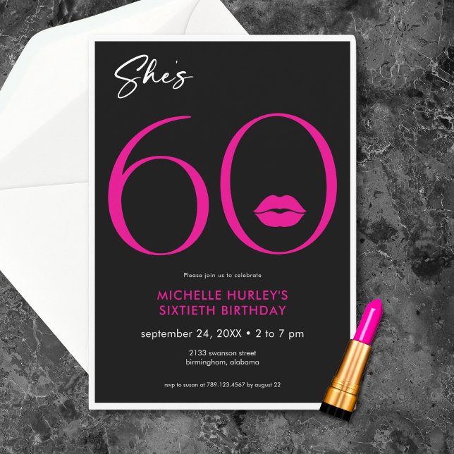 Modern Minimal Pink Lips She's Sixty Birthday Invitation (Modern Minimal Pink Lips She's Sixty Birthday Invitation)