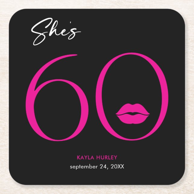 Modern Minimal Pink Lips She's Sixty Birthday Square Paper Coaster (Front)
