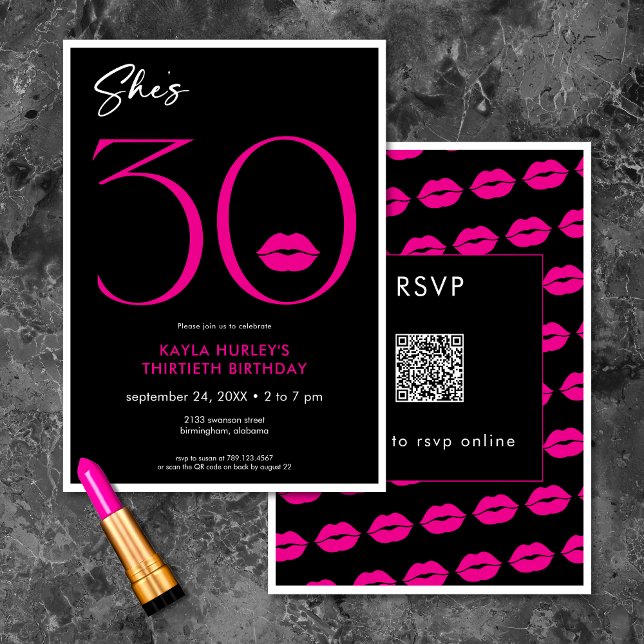 Modern Minimal Pink Lips She's Thirty Birthday QR Invitation (Modern Minimal Pink Lips She's Thirty Birthday QR Invitation)