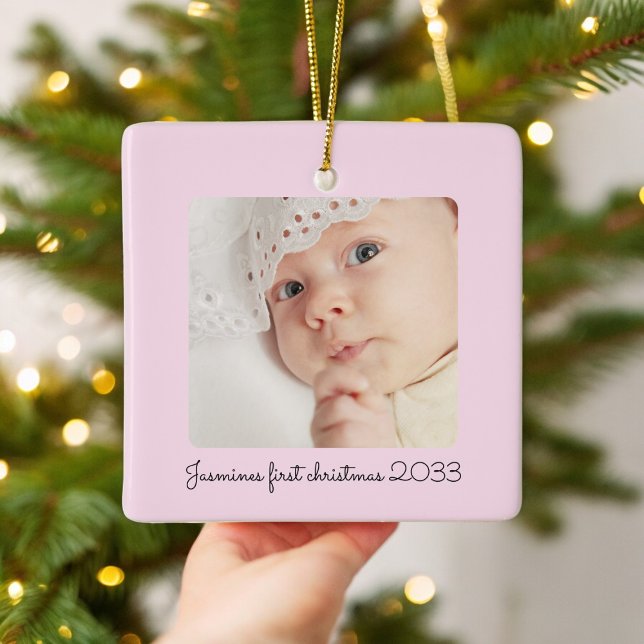 modern minimal pink  photo babys first christmas  ceramic ornament (minimal pink photo babys first christmas ornament , minimalist classic design , keepsake )