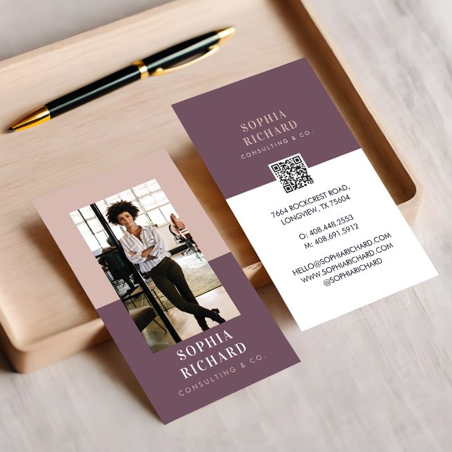 Modern Minimal Pink & Plum Business Photo QR Code Business Card (Modern Minimal Pink & Plum Business Photo QR Code Business Card)