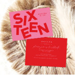 Modern minimal pink   red typography 16th birthday invitation<br><div class="desc">Modern minimal bold typography 16th birthday pink and red party invitation.</div>