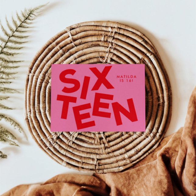 Modern minimal pink + red typography 16th birthday invitation (Creator Uploaded)