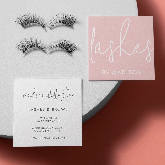 Modern Minimal Pink Script Beauty Lashes  Square Business Card (Creator Uploaded)