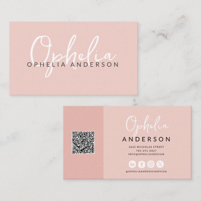 Modern minimal pink script boho QRcode Business Card (Front/Back)