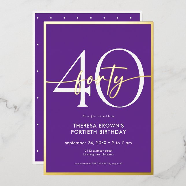 Modern Minimal Purple Gold Script Birthday (Front/Back)