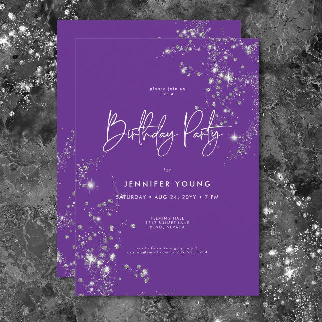 Modern Minimal Purple White Glam Diamonds Birthday Invitation (Modern Minimal Purple White Glam Diamonds Birthday Invitation)