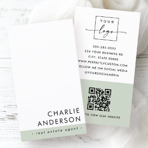 Modern minimal QR code sage green white vertical Business Card