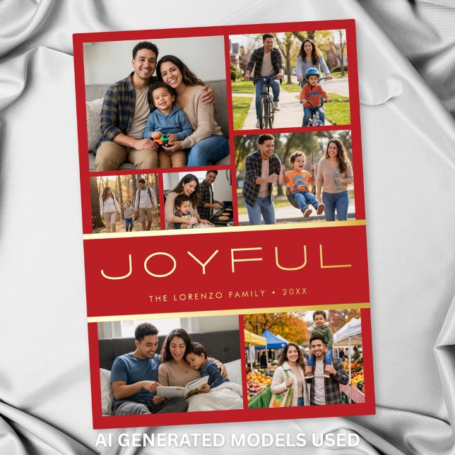 Modern Minimal Red 7 Photo Collage Joyful (Modern Minimal Red 7 Photo Collage Joyful Foil Holiday Card)