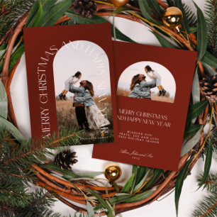 Modern Minimal Red Arch 2 Photo Merry Christmas H Holiday Card