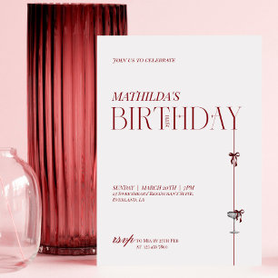 Modern Minimal Red Burgundy Bow Birthday Invitation