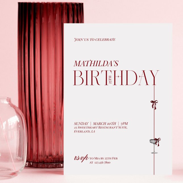 Modern Minimal Red Burgundy Bow Birthday Invitation (Creator Uploaded)