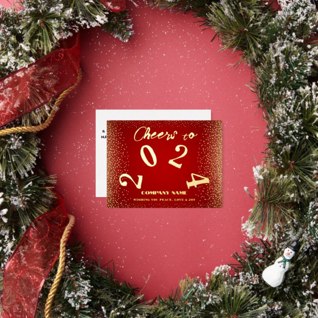 Modern Minimal  Red Elegant Cheers to 2024 Foil Holiday Postcard (Insitu)