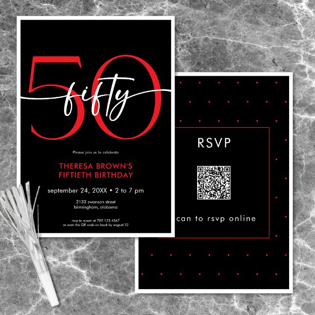 Modern Minimal Red Fifty Script Birthday QR Invitation (Modern Minimal Red Fifty Script Birthday QR Invitation)