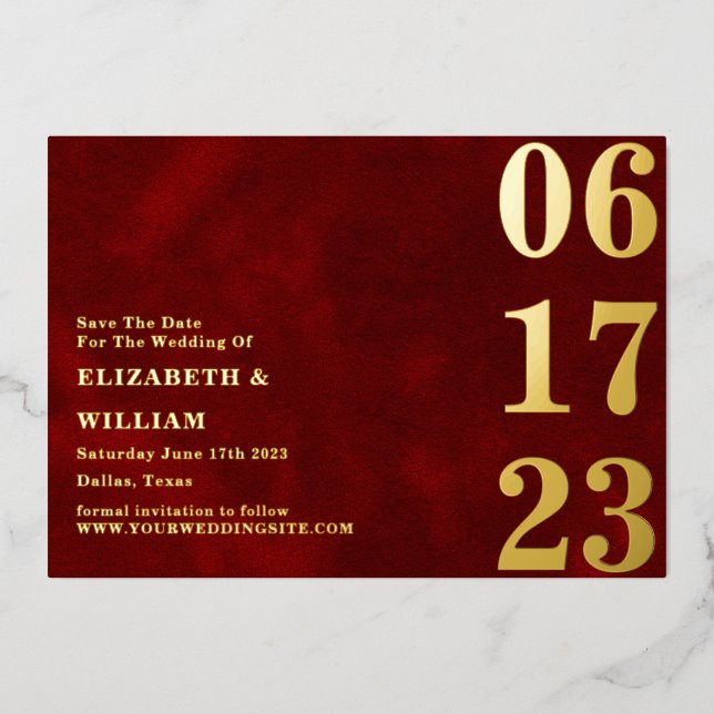 Modern Minimal Red Gold Photo Save The Date (Front)