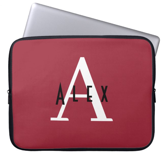 Modern Minimal Red Initial + Name Monogram Laptop Sleeve (Front)