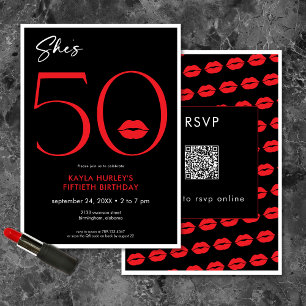 Modern Minimal Red Lips She's Fifty Birthday QR Invitation