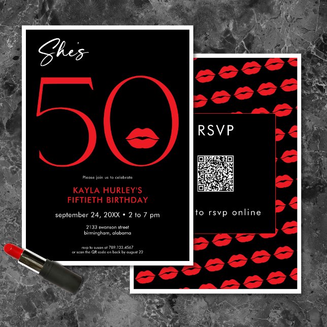 Modern Minimal Red Lips She's Fifty Birthday QR Invitation (Modern Minimal Red Lips She's Fifty Birthday QR Invitation)