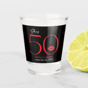 Modern Minimal Red Lips She's Fifty Birthday Shot Glass