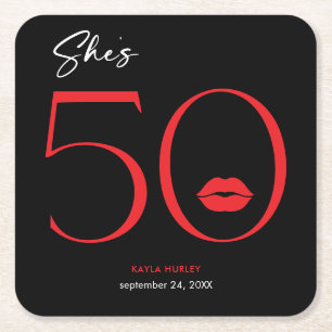 Modern Minimal Red Lips She's Fifty Birthday Square Paper Coaster