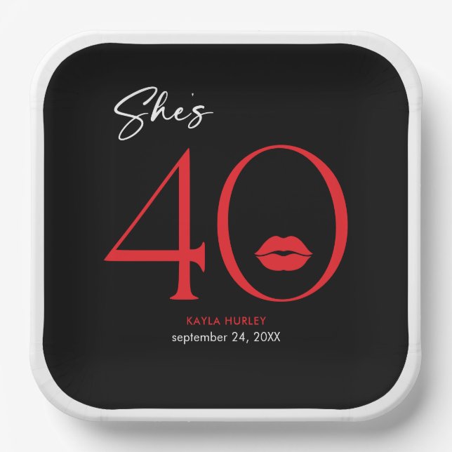 Modern Minimal Red Lips She's Forty Birthday Paper Plate (Front)