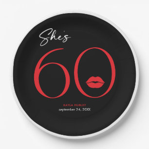 Modern Minimal Red Lips She's Sixty Birthday Paper Plate