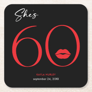 Modern Minimal Red Lips She's Sixty Birthday Square Paper Coaster