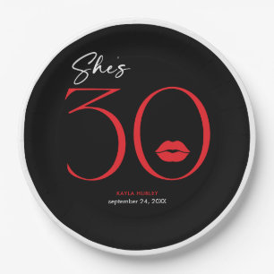 Modern Minimal Red Lips She's Thirty Birthday Paper Plate