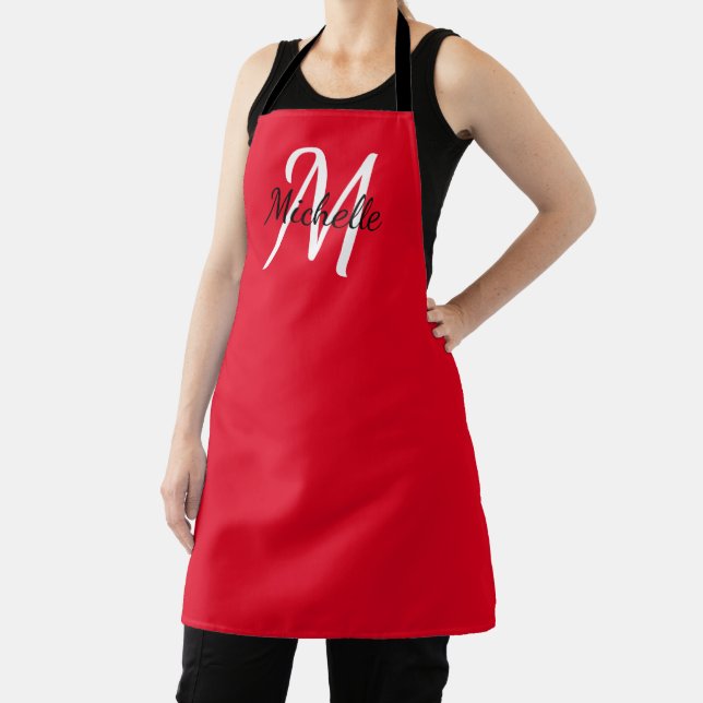 Modern Minimal Red Monogram Name + Initial Apron (Insitu)