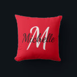 Modern Minimal Red Monogram Name   Initial Cushion<br><div class="desc">Throw pillow with a modern bright red background and a minimal white custom monogram first initial and first name.</div>