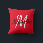 Modern Minimal Red Monogram Name   Initial Cushion<br><div class="desc">Throw pillow with a modern bright red background and a minimal white custom monogram first initial and first name.</div>