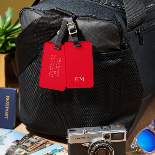 Modern Minimal Red Monogrammed Initials Luggage Tag (Front & Back)