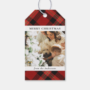 Modern Minimal Red Plaid Christmas Family Photo Gift Tags