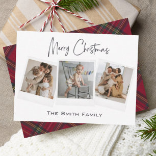 Modern Minimal Red Plaid Merry Christmas Photo Holiday Card