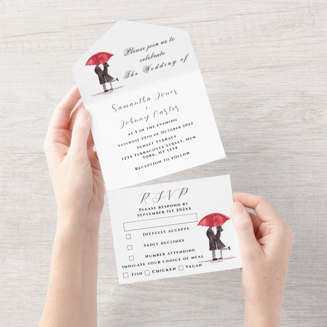Modern Minimal Red Umbrella Couple Rustic Wedding All In One Invitation (Tearaway)