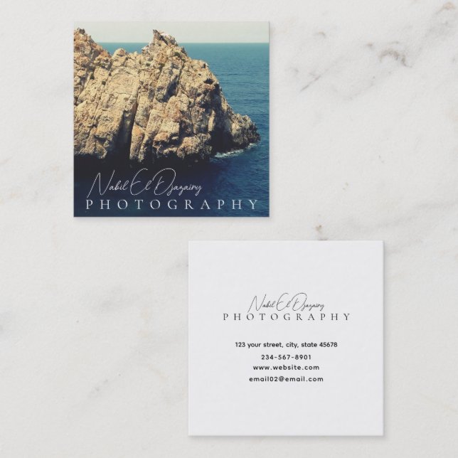 modern minimal rocky beach shore photography square business card (Front/Back)