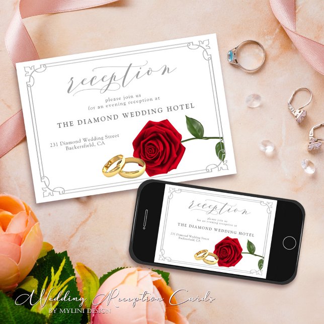 Modern Minimal Rose and Rings Wedding Reception Invitation (Creator Uploaded)