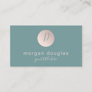 Modern minimal rose gold green monogram business card