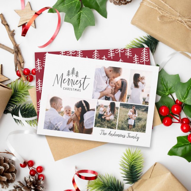 modern minimal rustic 4 photo Christmas burgundy Holiday Card (Creator Uploaded)