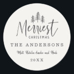 modern minimal rustic multi photo classic round sticker<br><div class="desc">Merriest Christmas rustic multi photo holiday card. With elegant,  modern hand drawn text and trees. Backer color can be customized.</div>