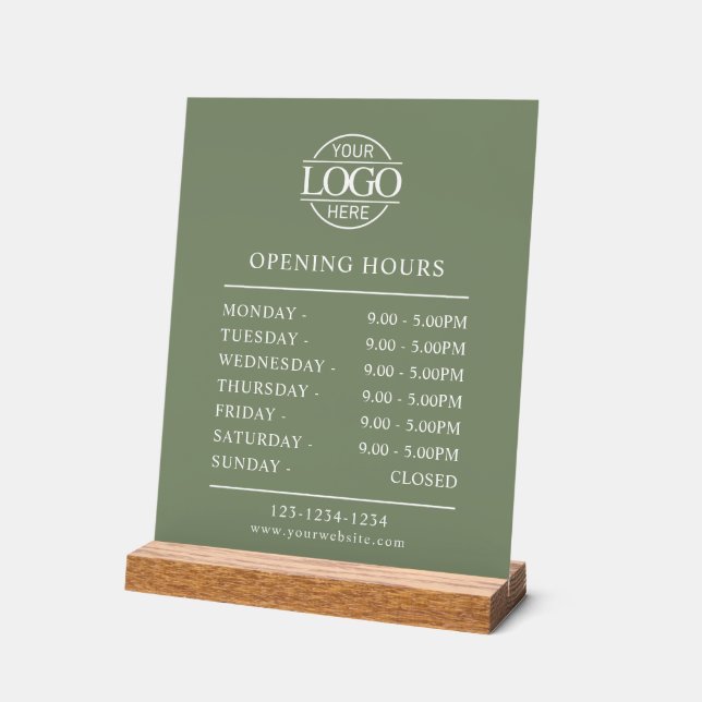 Modern Minimal Sage Green Business Opening Hours Acrylic Sign (Angle)