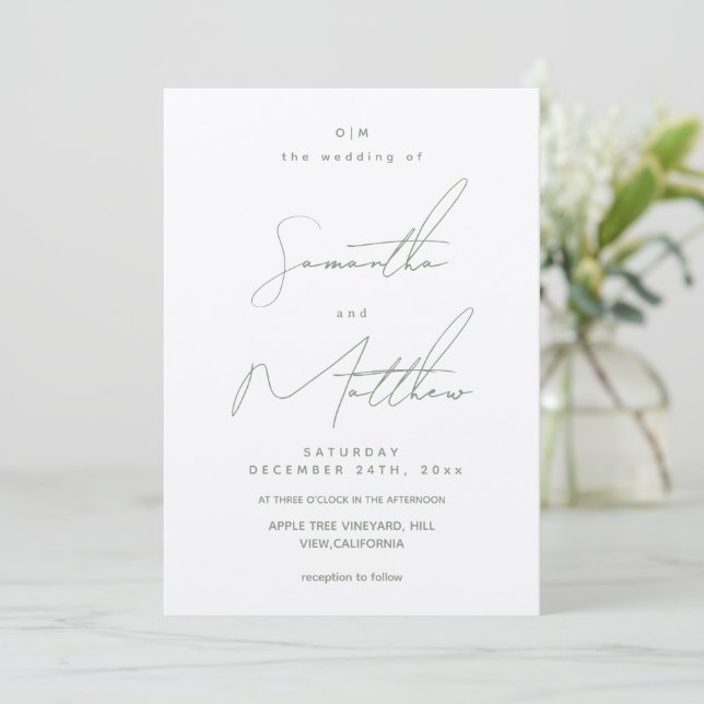 Modern Minimal Sage Green Script  Wedding Invitation (Standing Front)