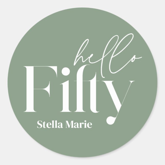 Modern minimal sage green simple 50th birthday classic round sticker (Front)