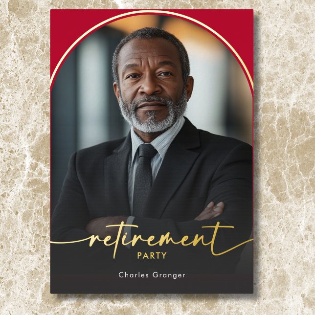 Modern Minimal Scarlet Red Retirement Party (Modern Minimal Scarlet Red Retirement Party Foil Invitation)