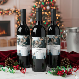 Modern Minimal Script 3 Photo Merry Christmas Wine Label
