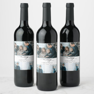 Modern Minimal Script 3 Photo Merry Christmas  Wine Label