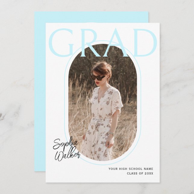 Modern Minimal Script Aqua Photo Graduation Party Invitation (Front/Back)